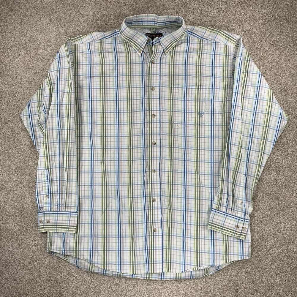 Ariat Pro Series‎ Long Sleeve Button Down Shirt XXL Blue Green Plaid *Stain*
